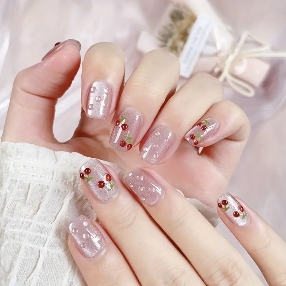 Cherry 3D Press On Nails handmade reusable 10 pc short length cat eye glossy NWT